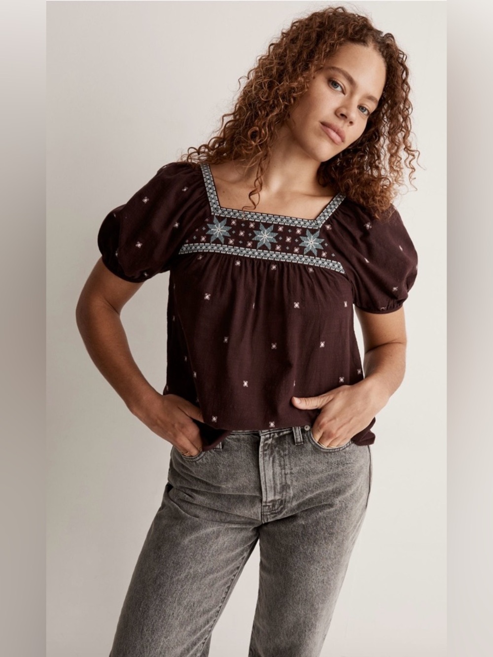 NWT! Madewell Embroidered Crinkle
Cotton Bubble-Sleeve Top